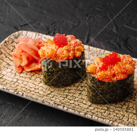 Salmon Gunkan Maki Sushi With Tobiko Caviar Salmon Gunkan Maki Sushi With Tobiko Caviar 140593801
