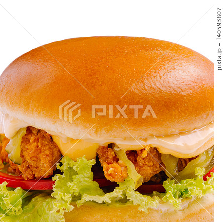 Crispy Chicken Burger Close Up On White Crispy Chicken Burger Close Up On White 140593807