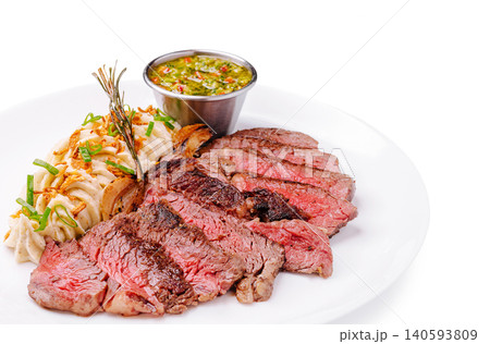Sliced Medium Rare Beef Steak With Puree 140593809