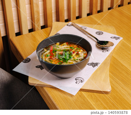 Traditional Chicken Noodle Soup In Restaurant Traditional Chicken Noodle Soup In Restaurant 140593878