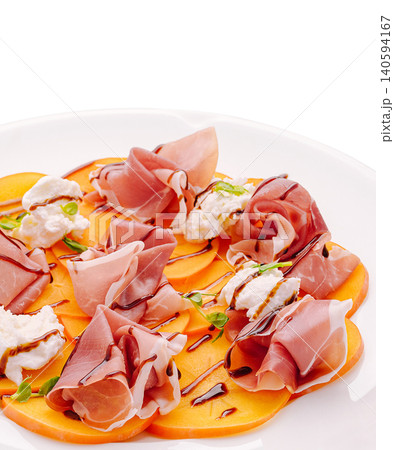 Cured Ham And Persimmon Salad With Soft Cheese Cured Ham And Persimmon Salad With Soft Cheese 140594167