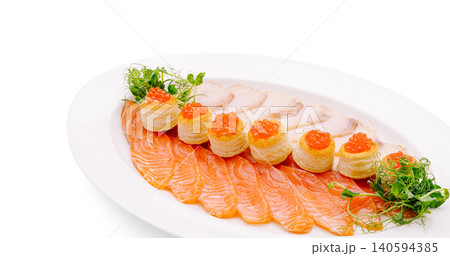 Assorted Seafood Platter With Salmon And Red Caviar Assorted Seafood Platter With Salmon And Red Caviar 140594385