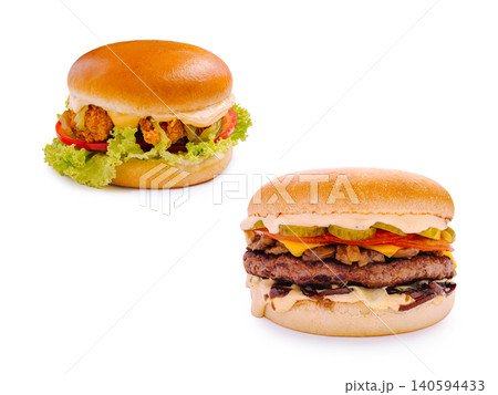 Two types of burgers on a white background with simple presentation Two types of burgers on a white background with simple presentation 140594433