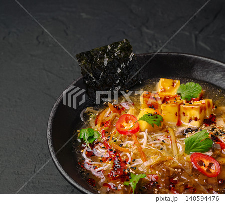 Delicious bowl of noodle soup with tofu and fresh herbs in dark setting Delicious bowl of noodle soup with tofu and fresh herbs in dark setting 140594476