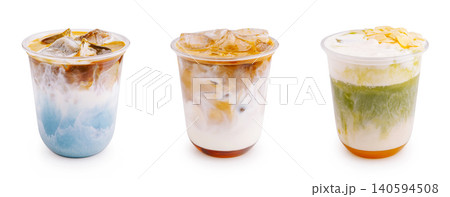 Three Cold Coffee Drinks In Plastic Takeaway Cups 140594508