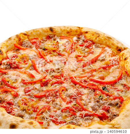 Delicious pizza with meat and vegetables on a flat surface Delicious pizza with meat and vegetables on a flat surface 140594610