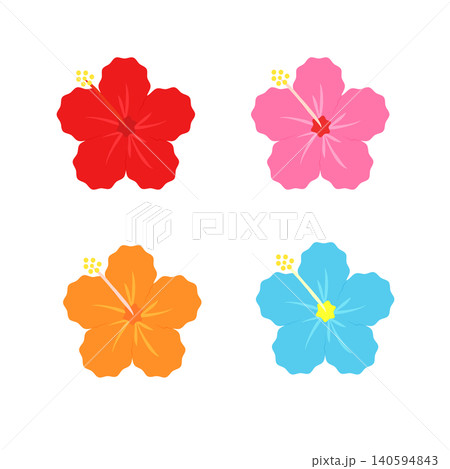 赤とピンクとオレンジと青のハイビスカスのイラストセット　沖縄・夏の花 140594843