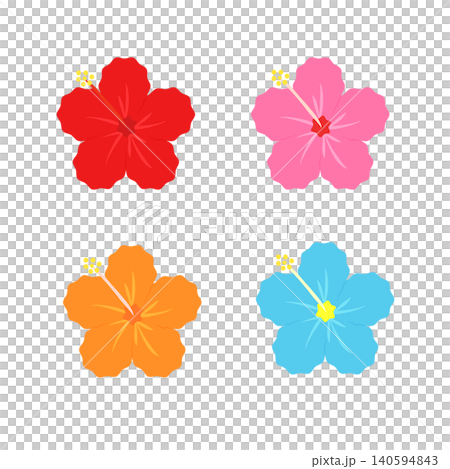 赤とピンクとオレンジと青のハイビスカスのイラストセット　沖縄・夏の花 140594843