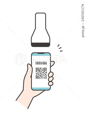 スマートフォンでのバーコード・QRコード決済を読み取るイラスト（キャッシュレス・手元素材） 140595174