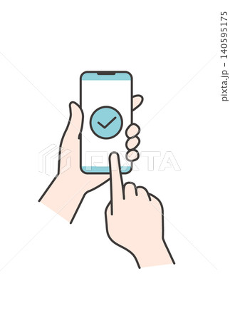 スマートフォンの画面にチェックマークが表示され決済が完了したイラスト（キャッシュレス・操作素材） 140595175