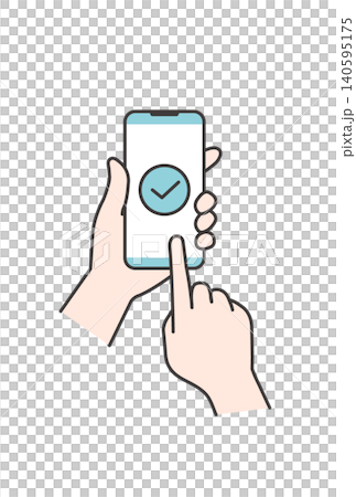 スマートフォンの画面にチェックマークが表示され決済が完了したイラスト（キャッシュレス・操作素材） 140595175