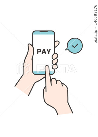 スマートフォンで「PAY」ボタンをタップして支払うキャッシュレス決済のイラスト(手元・操作素材) スマートフォンで「PAY」ボタンをタップして支払うキャッシュレス決済のイラスト(手元・操作素材) 140595176