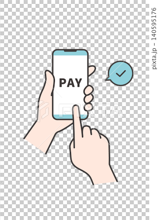 スマートフォンで「PAY」ボタンをタップして支払うキャッシュレス決済のイラスト(手元・操作素材) スマートフォンで「PAY」ボタンをタップして支払うキャッシュレス決済のイラスト(手元・操作素材) 140595176