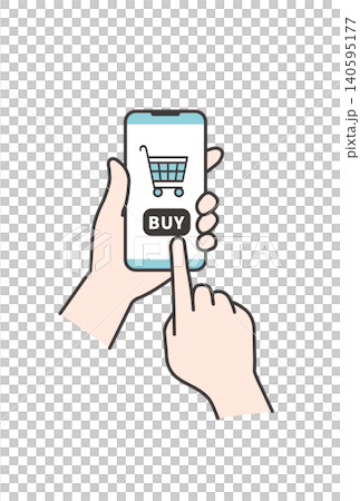 An illustration of someone using a smartphone to click the "BUY" button in their shopping cart for online shopping (purchase/handheld image). An illustration of someone using a smartphone to click the "BUY" button in their shopping cart for online shopping (purchase/handheld image). 140595177