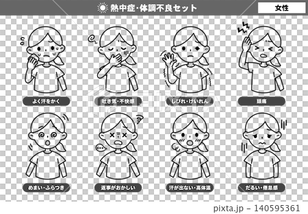Illustration set of female figures suffering from heatstroke and general malaise; line art, monochrome. Illustration set of female figures suffering from heatstroke and general malaise; line art, monochrome. 140595361