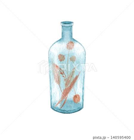 Blue glass bottle with dried flowers grass watercolor. Hand painted boho decor illustration isolated on white. Perfect for coastal interiors, stationery, wedding designs. Ideal for wall art, branding Blue glass bottle with dried flowers grass watercolor. Hand painted boho decor illustration isolated on white. Perfect for coastal interiors, stationery, wedding designs. Ideal for wall art, branding 140595400
