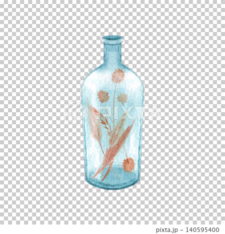 Blue glass bottle with dried flowers grass watercolor. Hand painted boho decor illustration isolated on white. Perfect for coastal interiors, stationery, wedding designs. Ideal for wall art, branding Blue glass bottle with dried flowers grass watercolor. Hand painted boho decor illustration isolated on white. Perfect for coastal interiors, stationery, wedding designs. Ideal for wall art, branding 140595400