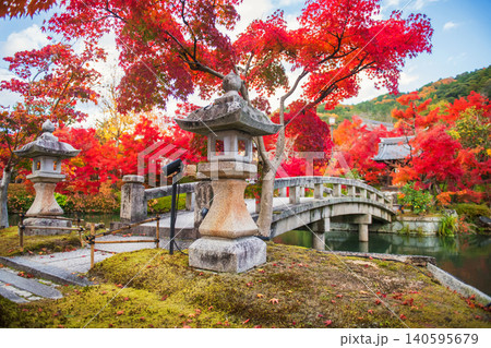 lantern by bridge of Eikan-do shrine with autumn garden colors, Kyoto lantern by bridge of Eikan-do shrine with autumn garden colors, Kyoto 140595679