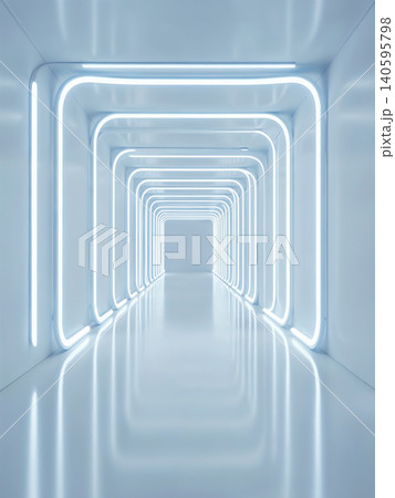 Futuristic white sci-fi tunnel background with neon lights Futuristic white sci-fi tunnel background with neon lights 140595798