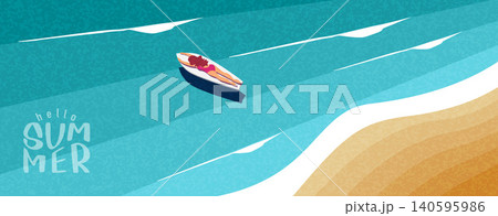 Tropical Summer Landscape Banner Template with Blue Sea and Sandy Shore 140595986