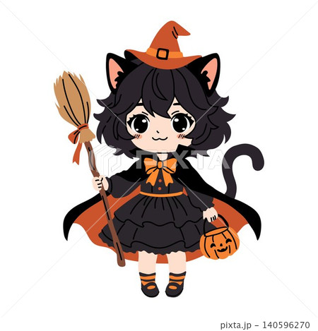 Cute Cat Witch Character Holding Pumpkin Bucket Cute Cat Witch Character Holding Pumpkin Bucket 140596270