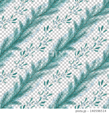 Watercolor winter seamless pattern with evergreen fir branches, pearl garlands and mistletoe branches. Hand drawn pastel Christmas botanical design for fabric, wrapping paper, packaging, holiday decor 140596514