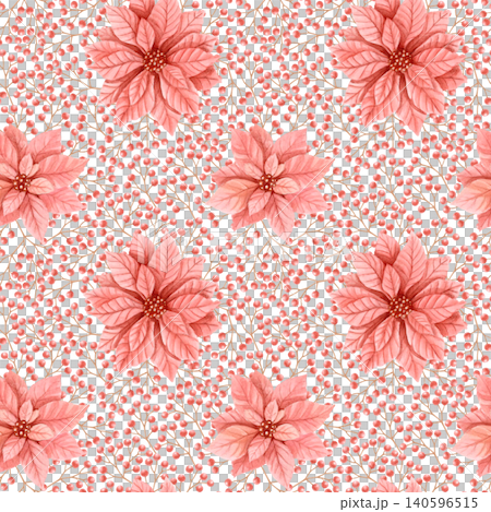 Watercolor seamless pattern with poinsettia flowers and red winter berries. Hand drawn pastel Christmas floral design for wrapping paper, fabric, textiles, stationery, festive packaging, holiday decor Watercolor seamless pattern with poinsettia flowers and red winter berries. Hand drawn pastel Christmas floral design for wrapping paper, fabric, textiles, stationery, festive packaging, holiday decor 140596515