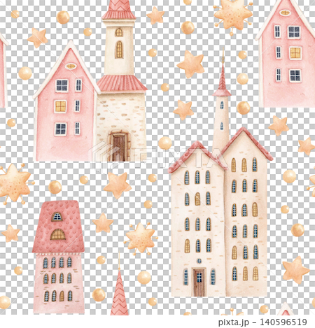 Watercolor seamless pattern with whimsical Christmas houses, stars and golden beads. Hand drawn pastel holiday design with cute fairytale town for fabric, wrapping paper, stationery and festive decor. Watercolor seamless pattern with whimsical Christmas houses, stars and golden beads. Hand drawn pastel holiday design with cute fairytale town for fabric, wrapping paper, stationery and festive decor. 140596519