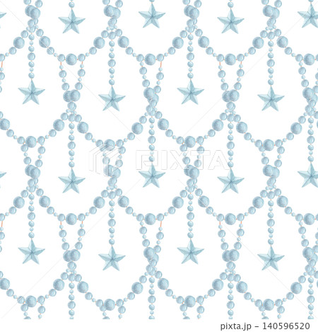 Watercolor seamless pattern with blue pearl bead garlands and hanging stars. Hand drawn festive pastel background with decorative beads for holiday decor, packaging, wrapping paper and textile prints Watercolor seamless pattern with blue pearl bead garlands and hanging stars. Hand drawn festive pastel background with decorative beads for holiday decor, packaging, wrapping paper and textile prints 140596520