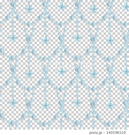 Watercolor seamless pattern with blue pearl bead garlands and hanging stars. Hand drawn festive pastel background with decorative beads for holiday decor, packaging, wrapping paper and textile prints Watercolor seamless pattern with blue pearl bead garlands and hanging stars. Hand drawn festive pastel background with decorative beads for holiday decor, packaging, wrapping paper and textile prints 140596520