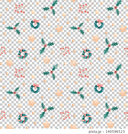 Watercolor Christmas seamless pattern with holly leaves, wreaths, winter berries, stars and pearl dots. Hand drawn festive Noel background for fabric prints, gift wrap, stationery or holiday packaging Watercolor Christmas seamless pattern with holly leaves, wreaths, winter berries, stars and pearl dots. Hand drawn festive Noel background for fabric prints, gift wrap, stationery or holiday packaging 140596523