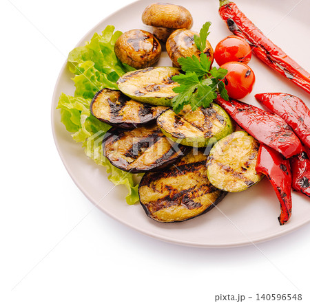 Grilled eggplant zucchini mushroom bell pepper healthy vegan food 140596548