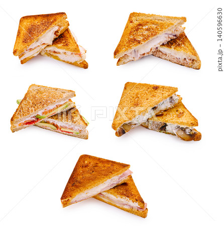 Assorted grilled sandwiches forming food collection on white background Assorted grilled sandwiches forming food collection on white background 140596630