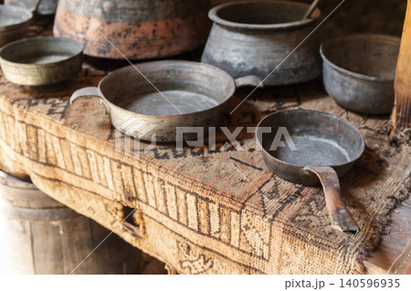 A collection of worn vintage metal pans and skillets A collection of worn vintage metal pans and skillets 140596935