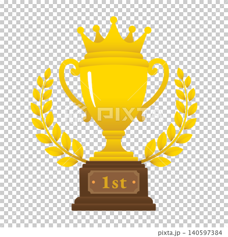 金色トロフィー 王冠と月桂樹リース付き1位優勝カップベクター 140597384