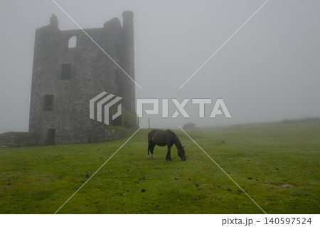 tmospheric misty moorland view with Cornish engine house. tmospheric misty moorland view with Cornish engine house. 140597524