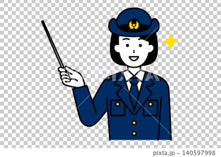 A female police officer giving directions with a pointer stick. A female police officer giving directions with a pointer stick. 140597998