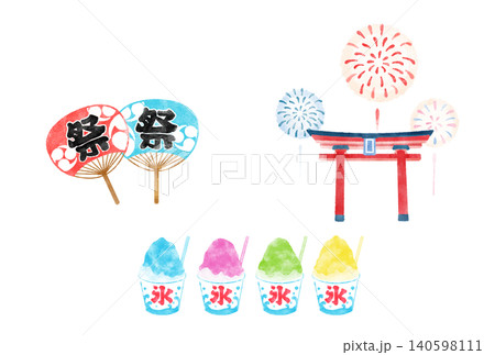 カラフルな夏祭りの水彩イラストセット カラフルな夏祭りの水彩イラストセット 140598111
