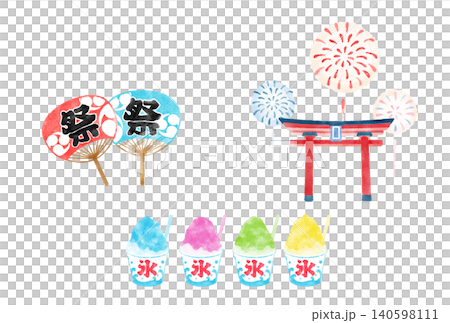カラフルな夏祭りの水彩イラストセット カラフルな夏祭りの水彩イラストセット 140598111