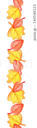 Hand-drawn colored pencil vertical seamless pattern ribbon of bright fall foliage on isolated background. Seasonal botanical border with repeating warm yellow and orange leaves is perfect for school 140598123