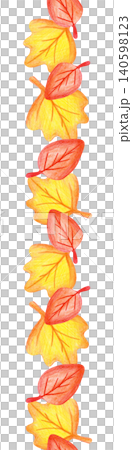 Hand-drawn colored pencil vertical seamless pattern ribbon of bright fall foliage on isolated background. Seasonal botanical border with repeating warm yellow and orange leaves is perfect for school 140598123