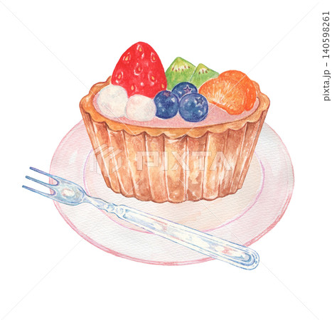 お皿に乗ったフルーツタルト　水彩イラスト 140598261