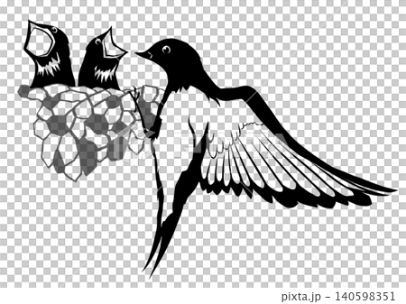 一幅剪紙風格的插圖，描繪了燕子撫育幼鳥的場景。 140598351