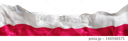 The flag of Poland in a 3D rendered style. The flag features two horizontal stripes, one white and one red. It is against a clear background with no distractions 140598571