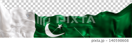 Flag of Pakistan displayed with clear background. It shows the green field and white stripe with the crescent and star design. The 3D rendering highlights the structure and design of the flag 140598608