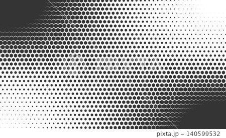 Halftone dotted pattern with gradient fade. Modern frame background. Hexagon texture with geometric depth for abstract border design with subtle vignette effect. Vector illustration 140599532