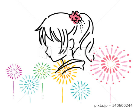 カラフルな花火と浴衣の女性の夏祭りイラスト/ベクター素材 カラフルな花火と浴衣の女性の夏祭りイラスト/ベクター素材 140600244