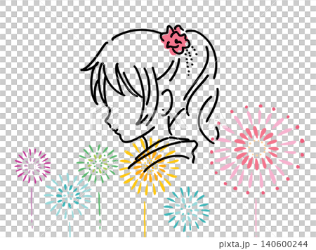 カラフルな花火と浴衣の女性の夏祭りイラスト/ベクター素材 カラフルな花火と浴衣の女性の夏祭りイラスト/ベクター素材 140600244