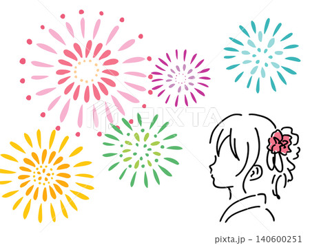 カラフルな花火と浴衣の女性の夏祭りイラスト/ベクター素材 カラフルな花火と浴衣の女性の夏祭りイラスト/ベクター素材 140600251