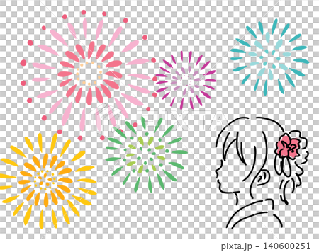カラフルな花火と浴衣の女性の夏祭りイラスト/ベクター素材 カラフルな花火と浴衣の女性の夏祭りイラスト/ベクター素材 140600251